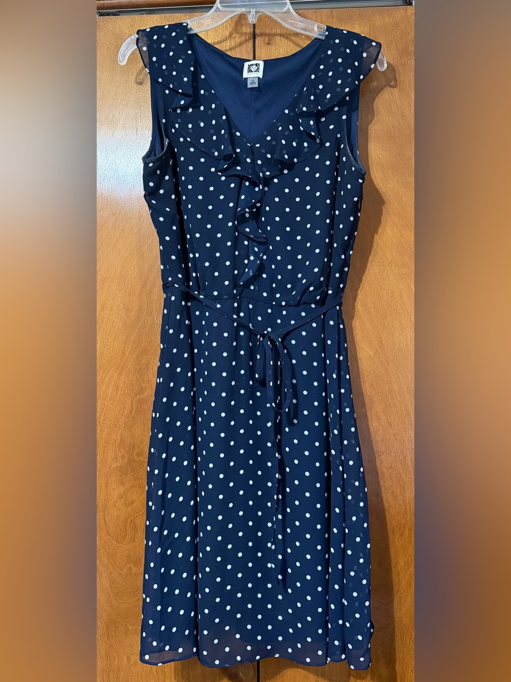 Anne Klein Navy Polka Dot Ruffle Midi Dress